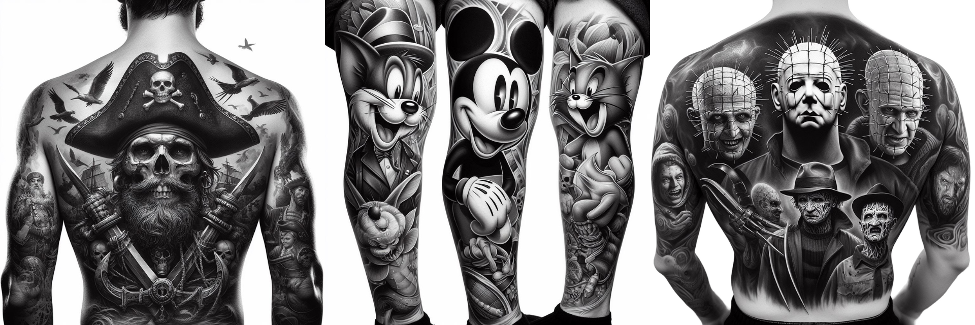 Realism tattoo designs - Mickey Mouse full leg sleeve and horror pirates full back pieces